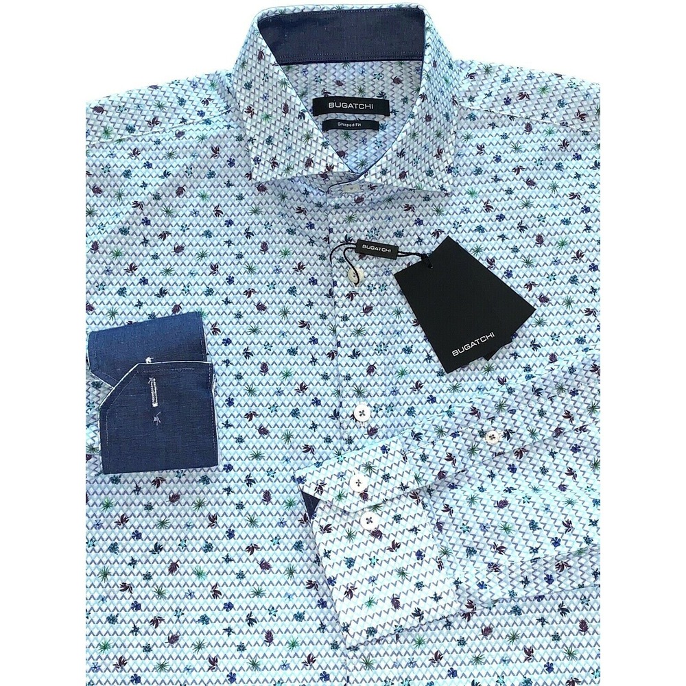 NWT BUGATCHI Shaped Fit Zigzag Floral Aqua Long Sleeve Sport Shirt XXL $179 7773